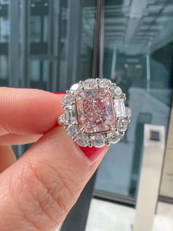 Very Light Pink Radiant Shape Diamond Ring 2.41 Carat (4.23 Ct TW) Fine Jewelry