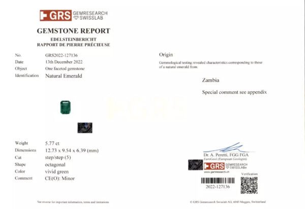 5.77 Carat GRS Certified Natural Emerald for Custom Jewelry Making, Gift For Her