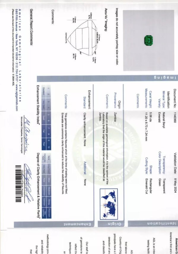 5.06 Carat Natural Loose Emerald, Green, Rectangular AGL Certified Fine Jewelry