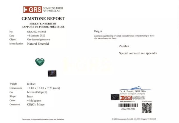 8.58 Carat GRS Certified Natural Emerald for Custom Jewelry Making, Heart Shape