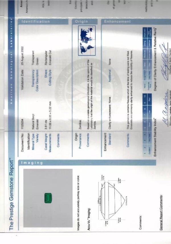 3.81 Carat Natural Loose Emerald, Green Rectangular, AGL Certified Fine Jewelry