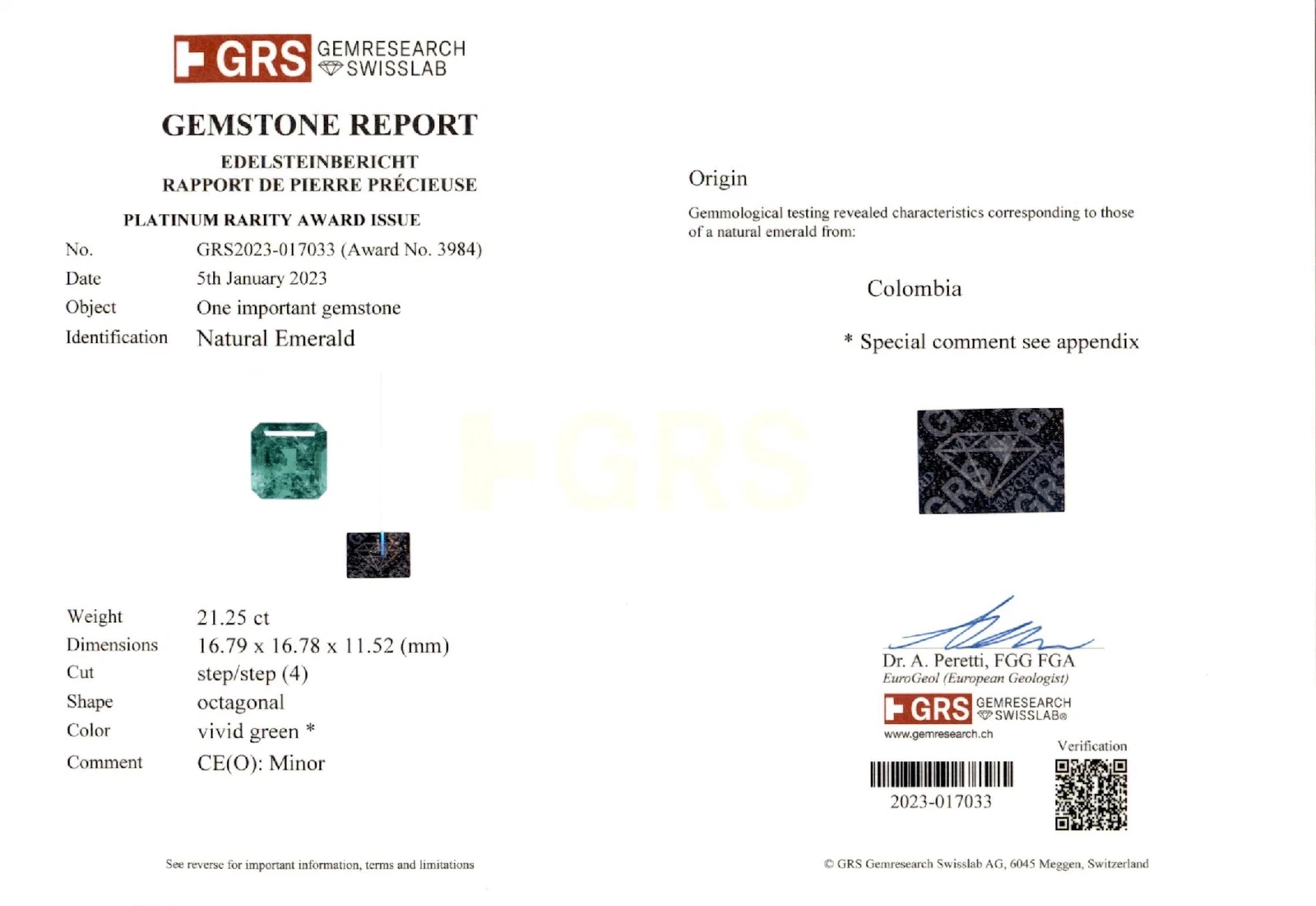 21.25 Carat Natural Emerald, GRS Certified Genuine Jewelry For Women Rare Gift