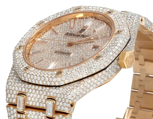 Mens Audemars Piguet 18K Rose Gold Royal Oak 41MM Full VS Diamond Watch 34.75 Ct