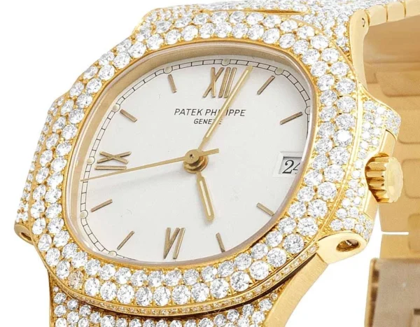 18k Yellow Gold Ladies Patek Philippe Nautilus 3800/001 Pave Set Diamond Watch