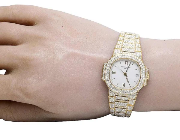 18k Yellow Gold Ladies Patek Philippe Nautilus 3800/001 Pave Set Diamond Watch