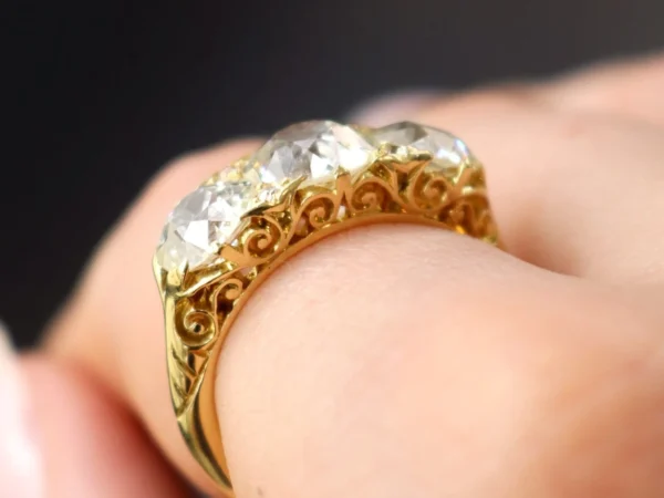 Antique 4.76Ct Diamond and 18k Yellow Gold Trilogy Ring Circa 1900