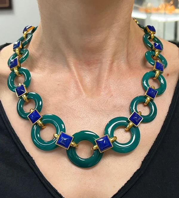 Vintage Aldo Cipullo NECKLACE 18k Gold Chrysoprase Lapis Lazuli Estate Jewelry