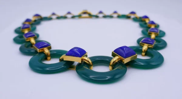 Vintage Aldo Cipullo NECKLACE 18k Gold Chrysoprase Lapis Lazuli Estate Jewelry