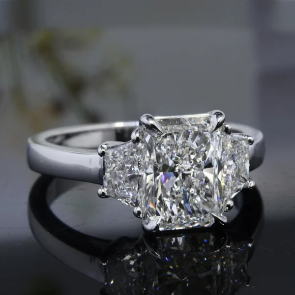 3-Stone 3.00 ct. Radiant w/ Trapezoid Cut Diamond Engagement Ring GIA I VS1 14k