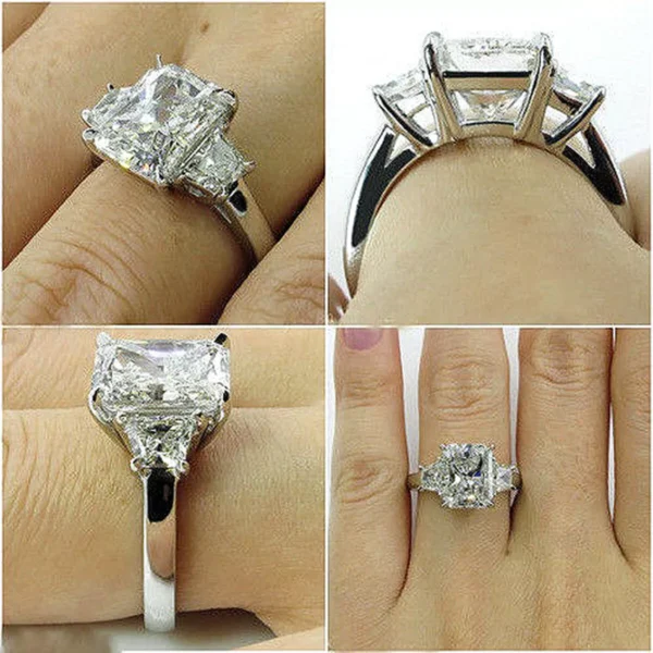 3-Stone 3.00 ct. Radiant w/ Trapezoid Cut Diamond Engagement Ring GIA I VS1 14k