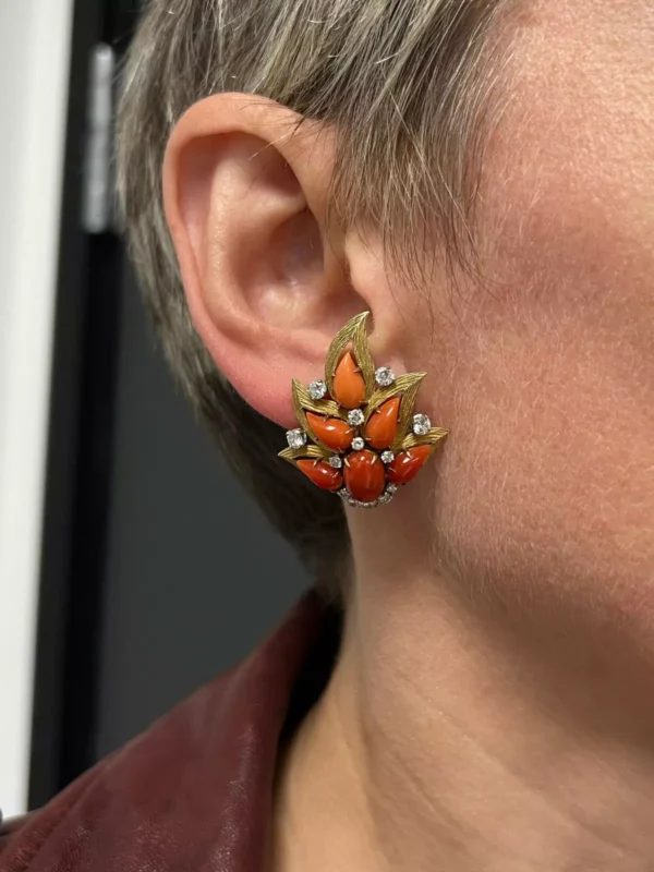 Vintage BULGARI Gold Platinum EARRINGS and Clip BROOCHES Set 18K Coral Jewelry