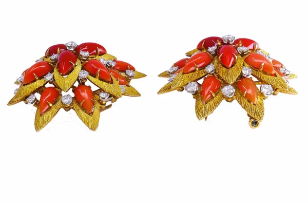 Vintage BULGARI Gold Platinum EARRINGS and Clip BROOCHES Set 18K Coral Jewelry