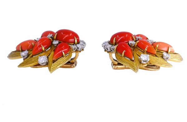 Vintage BULGARI Gold Platinum EARRINGS and Clip BROOCHES Set 18K Coral Jewelry
