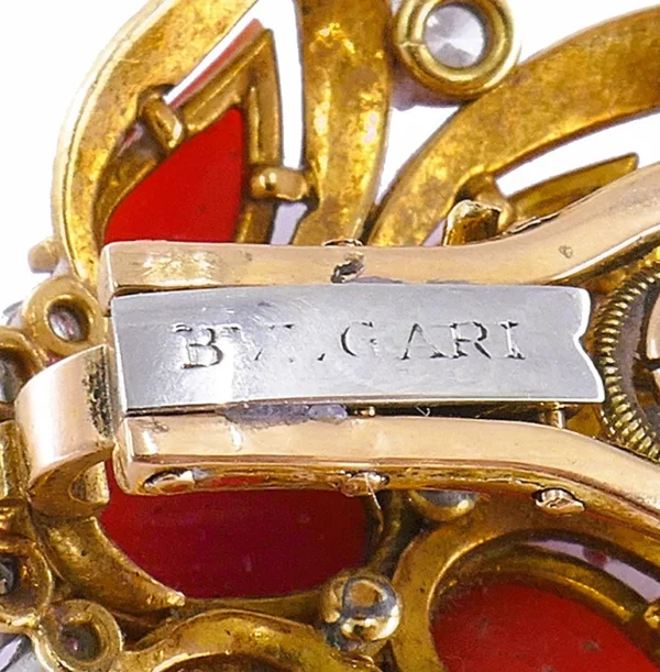 Vintage BULGARI Gold Platinum EARRINGS and Clip BROOCHES Set 18K Coral Jewelry