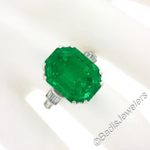 Vintage Platinum 12.16ct AGL Emerald Cut Colombian Emerald Diamond Cocktail Ring