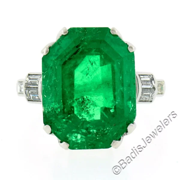 Vintage Platinum 12.16ct AGL Emerald Cut Colombian Emerald Diamond Cocktail Ring