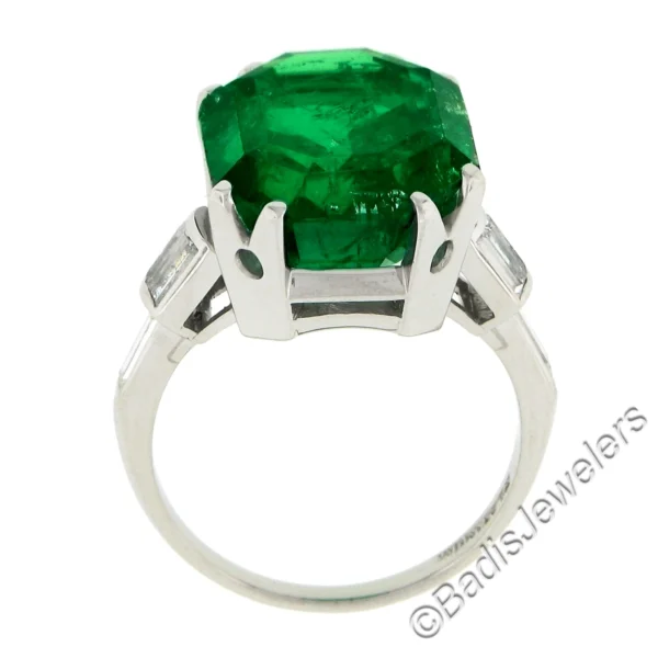 Vintage Platinum 12.16ct AGL Emerald Cut Colombian Emerald Diamond Cocktail Ring