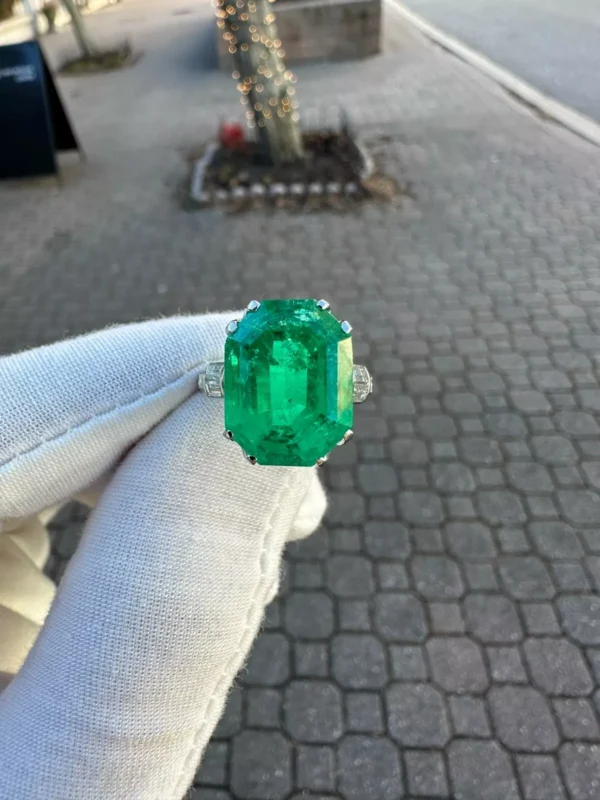 Vintage Platinum 12.16ct AGL Emerald Cut Colombian Emerald Diamond Cocktail Ring