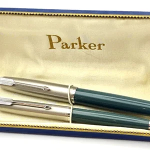 VINTAGE PARKER 51 CORONATION FOUNTAIN PEN SET IN NAVY GRAY 14K BROAD NIB