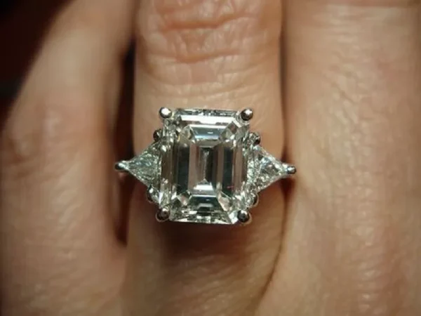 5.70 ct. Natural Emerald Cut W/ Trillion 3 Stone Diamond Engagement Ring J, VS1