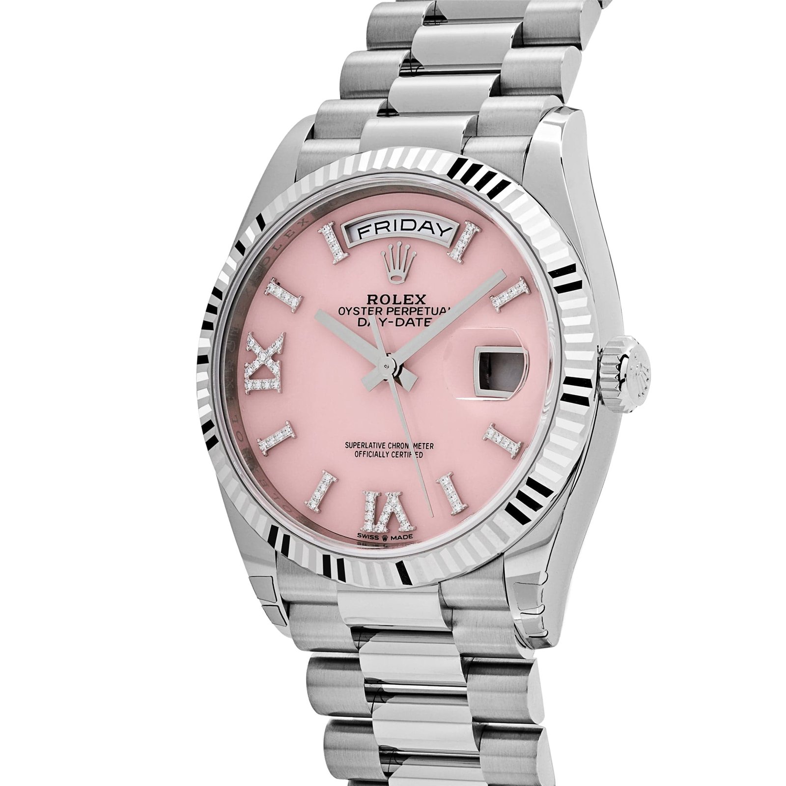 Rolex Day-Date 36 128239 White Gold Pink Opal Diamond Roman Numerals Dial
