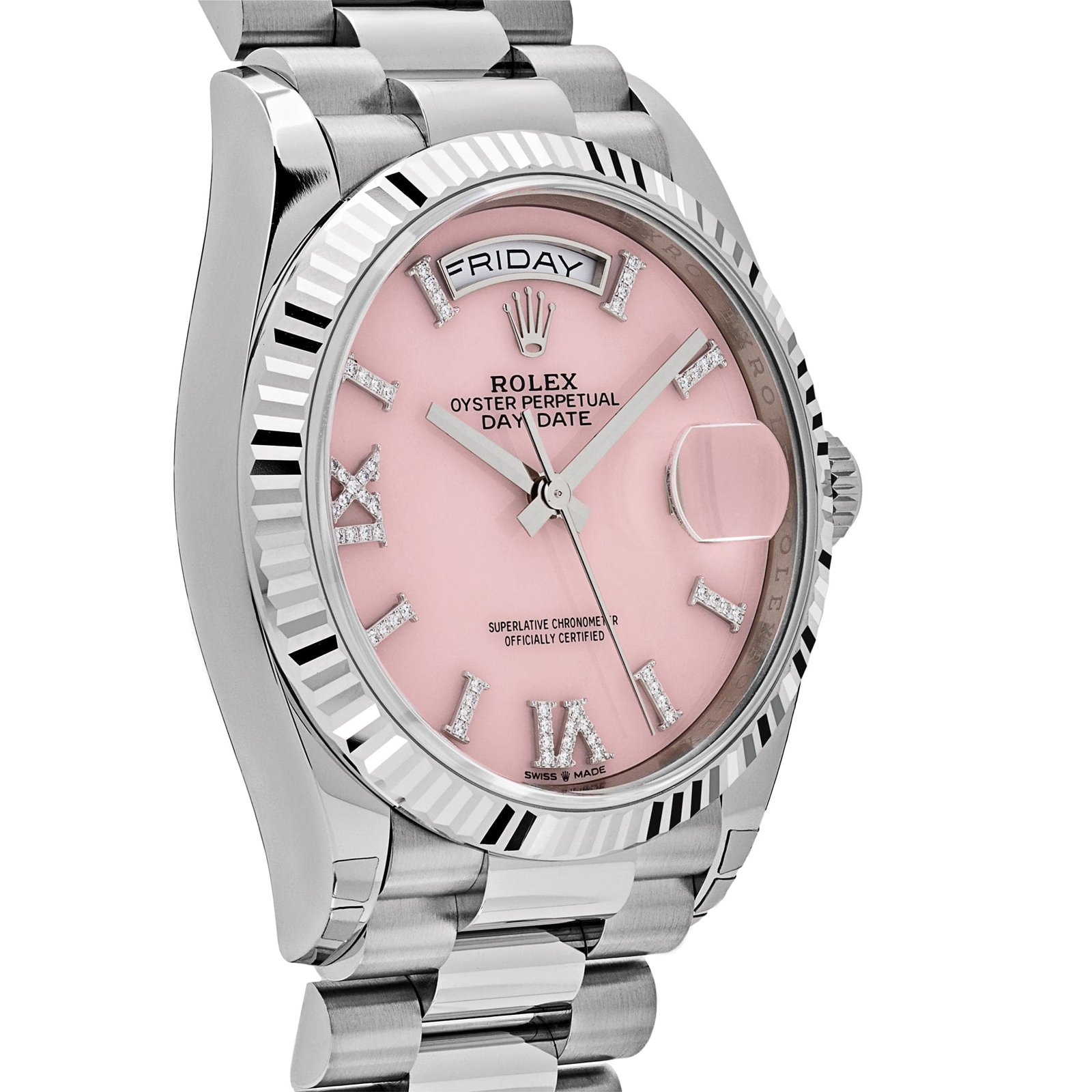 Rolex Day-Date 36 128239 White Gold Pink Opal Diamond Roman Numerals Dial