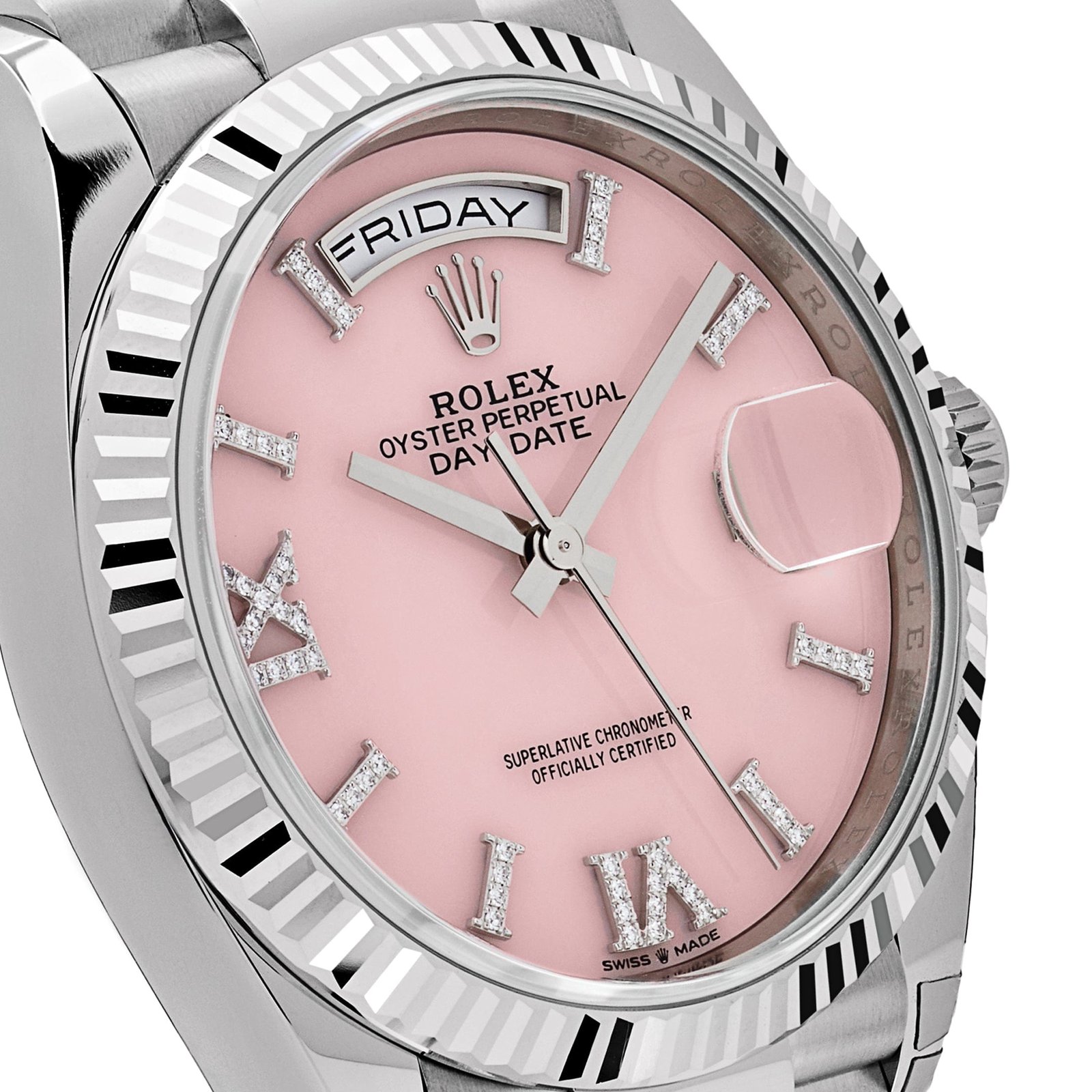 Rolex Day-Date 36 128239 White Gold Pink Opal Diamond Roman Numerals Dial