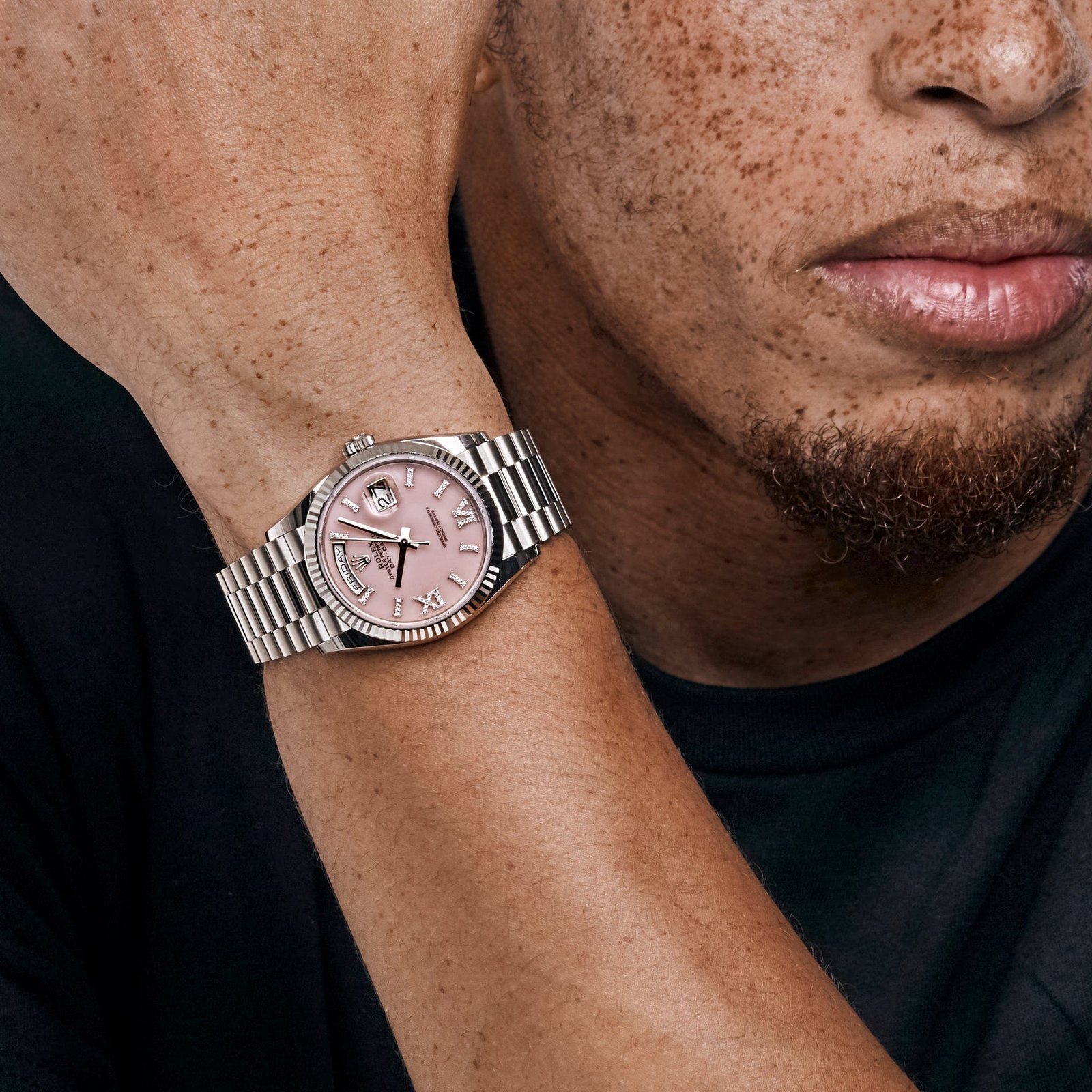 Rolex Day-Date 36 128239 White Gold Pink Opal Diamond Roman Numerals Dial