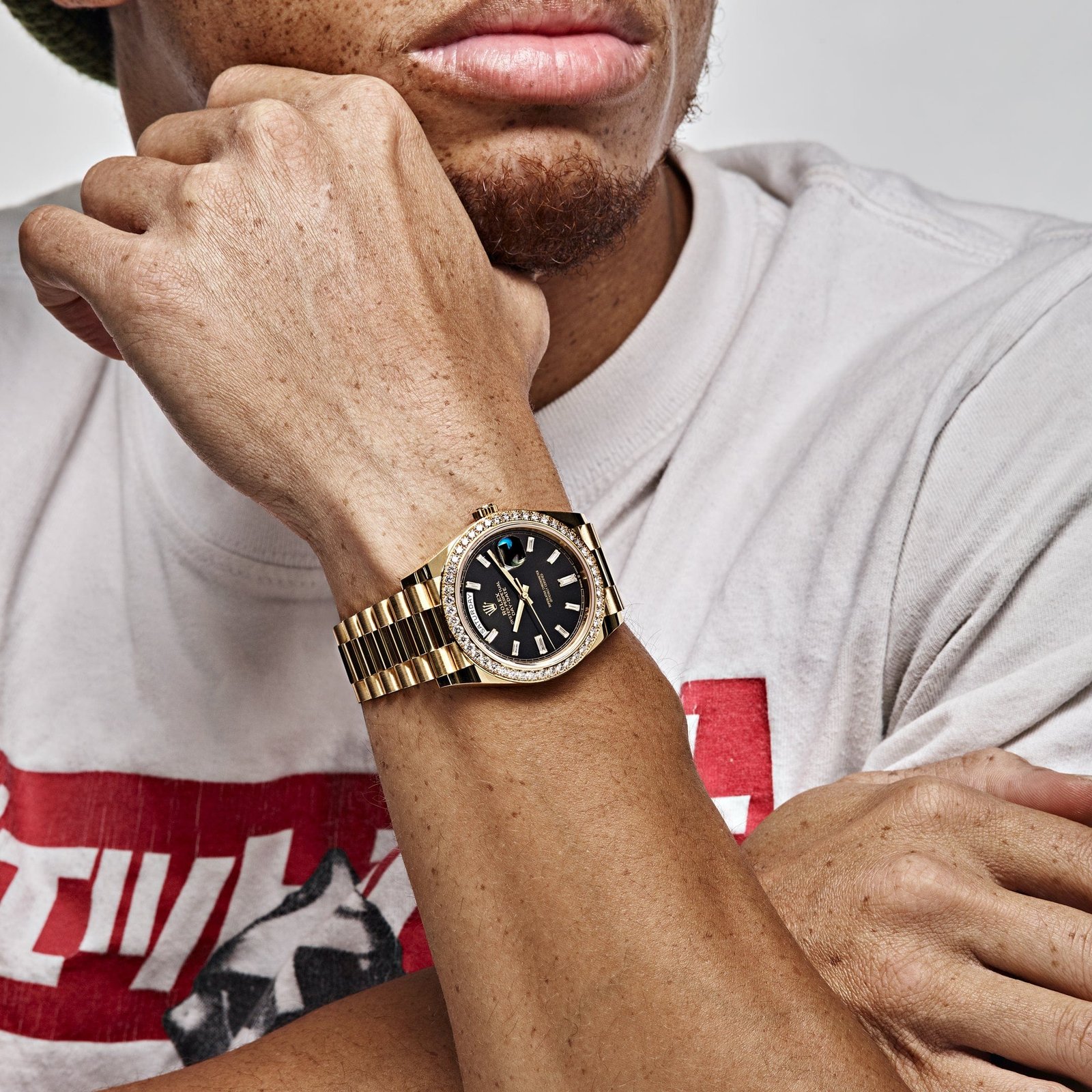 Rolex Day-Date 40 228348RBR Yellow Gold Black Diamond Dial Diamond Bezel