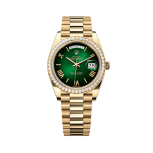 Rolex Day-Date 40 228348RBR Yellow Gold Green Ombre Roman Numeral Dial Diamond Bezel (2024)