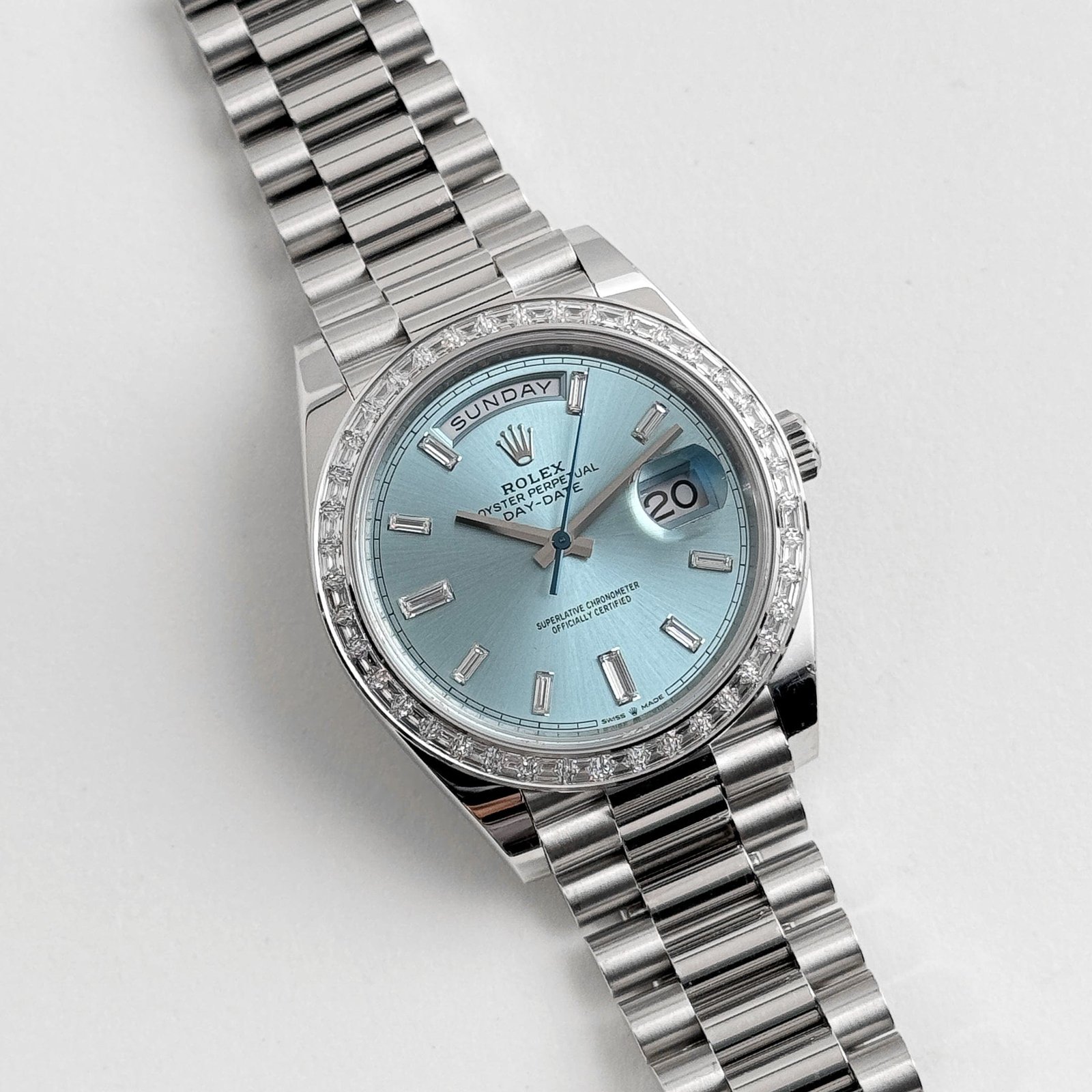 Rolex Day-Date 40 228396TBR Platinum Diamond Bezel Ice Blue Diamond Dial (2017)