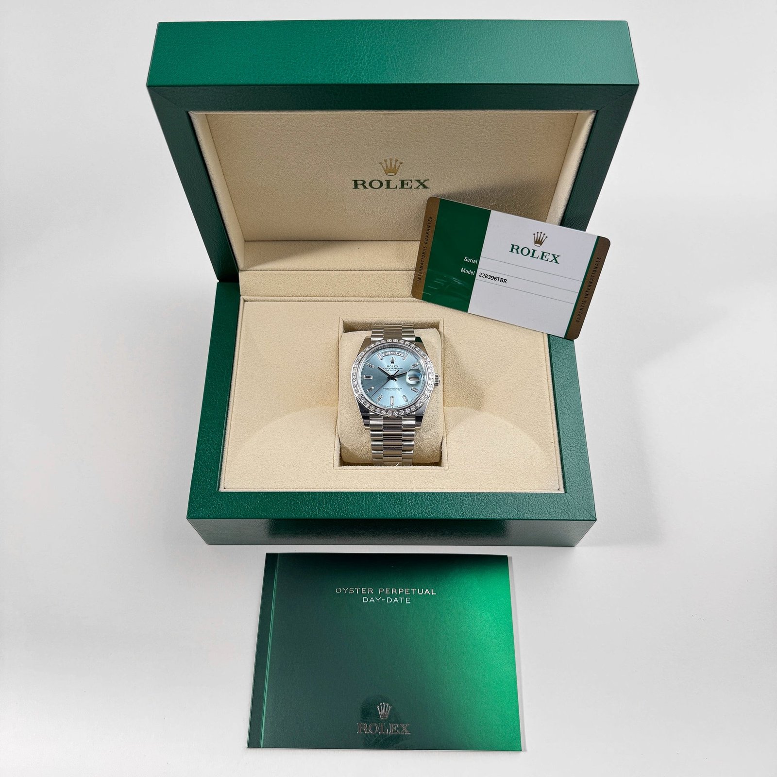 Rolex Day-Date 40 228396TBR Platinum Diamond Bezel Ice Blue Diamond Dial (2017)