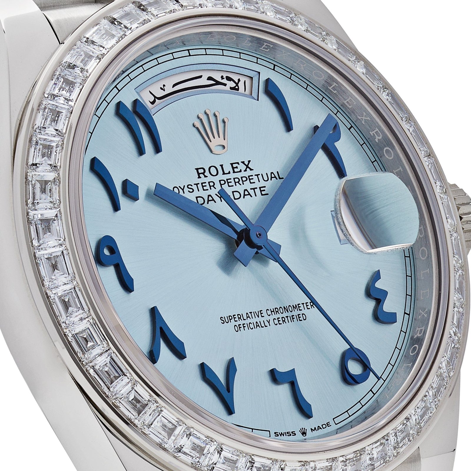 Rolex Day-Date 40 228396TBR Platinum Ice Blue Arabic Dial Diamond Bezel