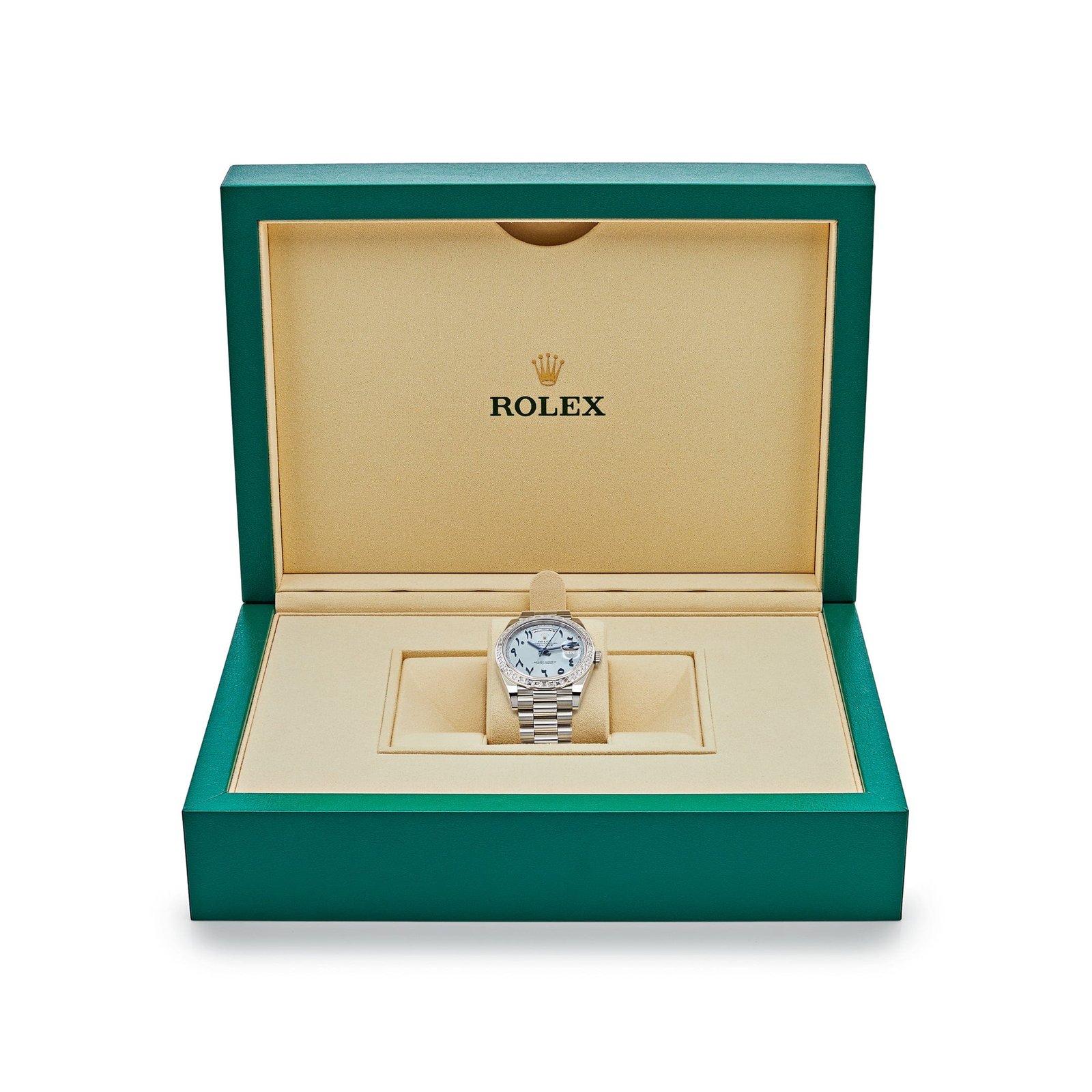 Rolex Day-Date 40 228396TBR Platinum Ice Blue Arabic Dial Diamond Bezel