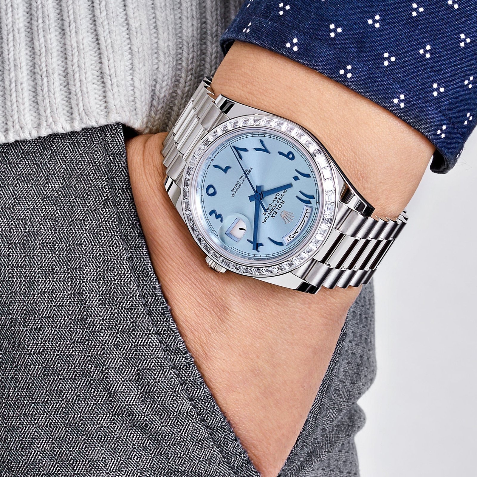 Rolex Day-Date 40 228396TBR Platinum Ice Blue Arabic Dial Diamond Bezel