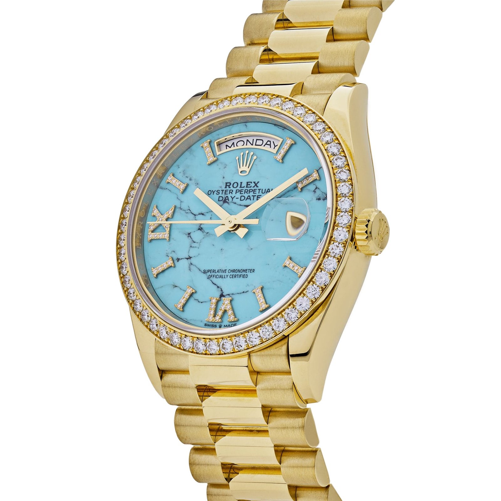 Rolex Day-Date 36 128348RBR Yellow Gold Diamond Bezel Turquoise Diamond Dial