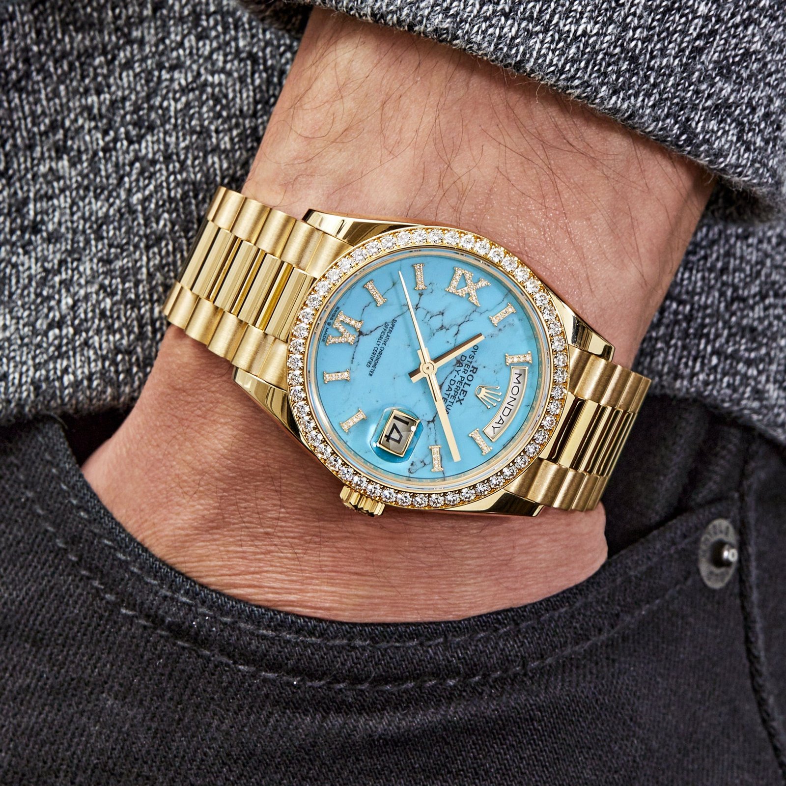 Rolex Day-Date 36 128348RBR Yellow Gold Diamond Bezel Turquoise Diamond Dial