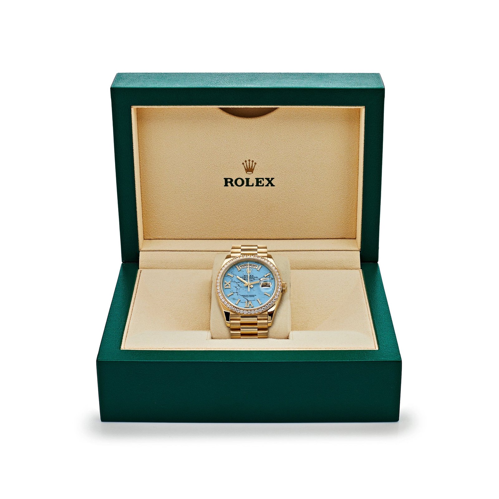 Rolex Day-Date 36 128348RBR Yellow Gold Diamond Bezel Turquoise Diamond Dial