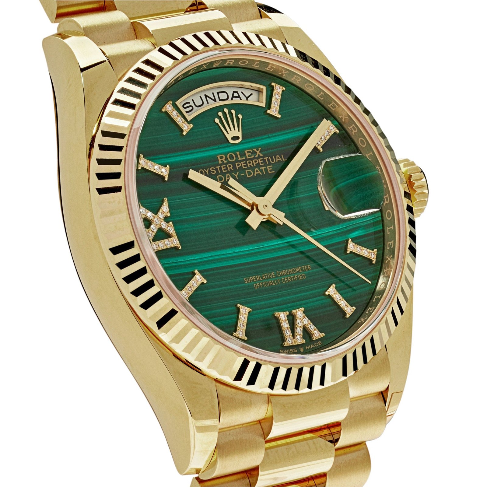 Rolex Day-Date 36 128238 Yellow Gold Green Malachite Roman Diamond Dial