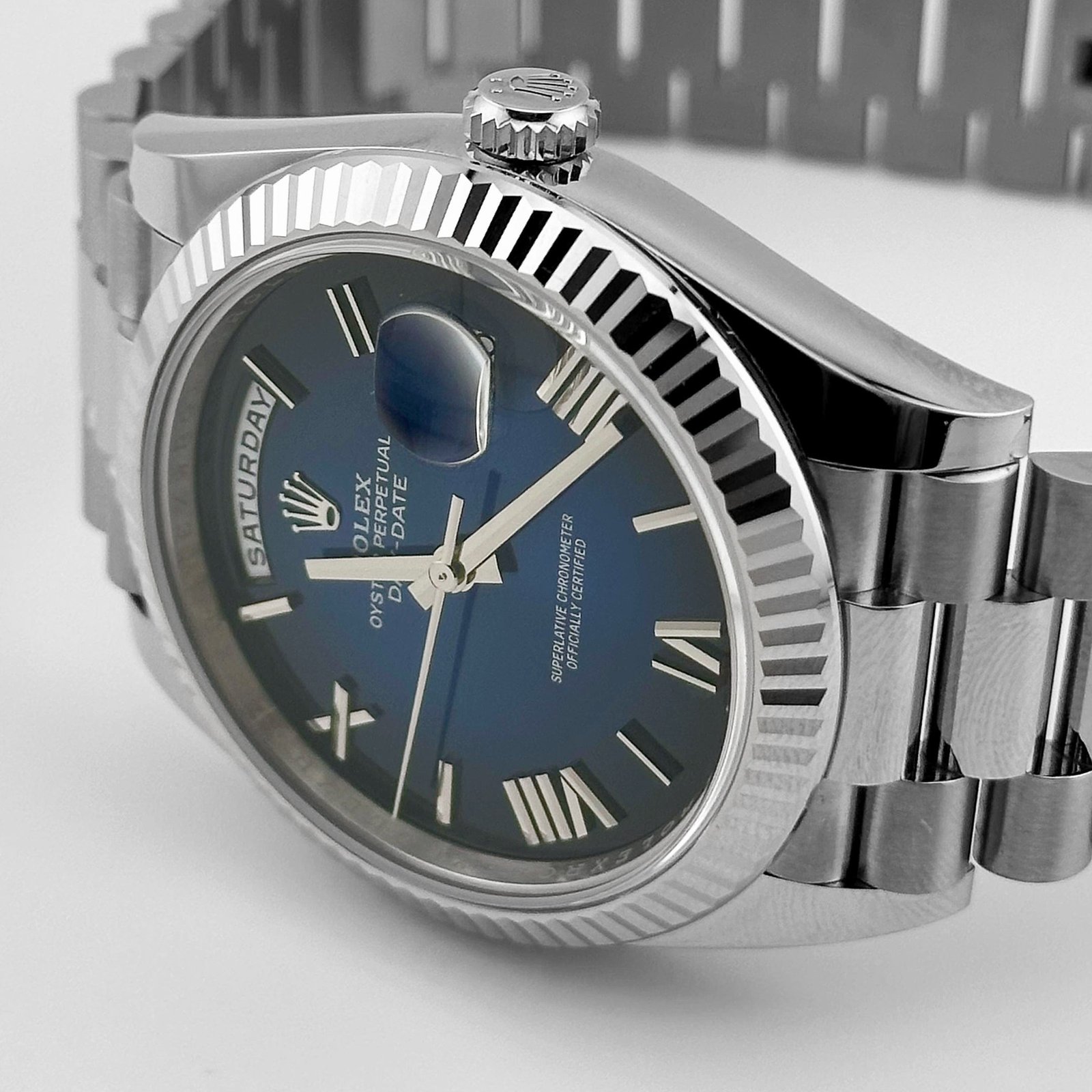 Rolex Day-Date 40 228239 White Gold Blue Ombre Roman Numeral Dial (2024)