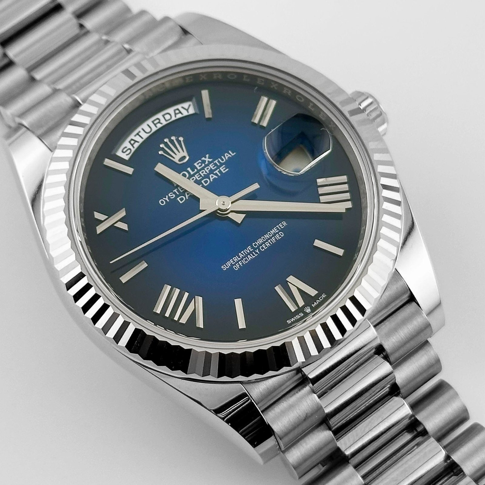 Rolex Day-Date 40 228239 White Gold Blue Ombre Roman Numeral Dial (2024)