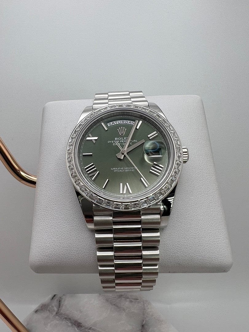 Rolex Day-Date 40 228396TBR Platinum Olive Green Dial Diamond Bezel