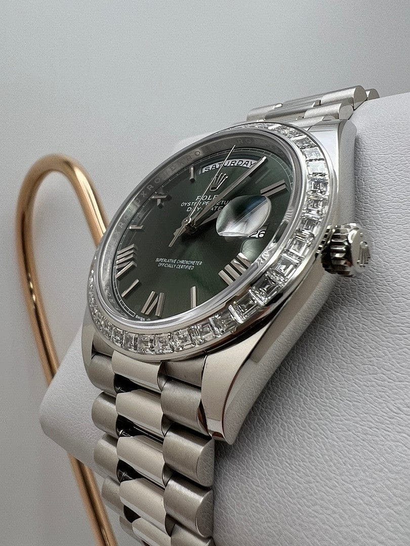 Rolex Day-Date 40 228396TBR Platinum Olive Green Dial Diamond Bezel
