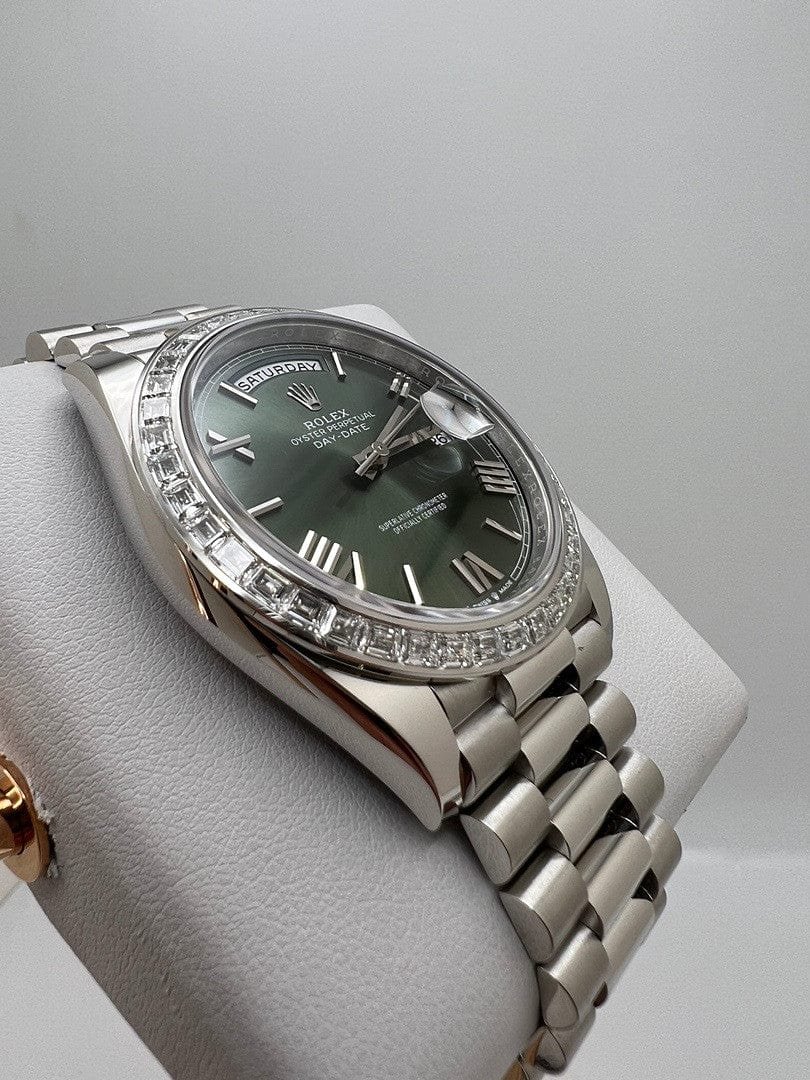 Rolex Day-Date 40 228396TBR Platinum Olive Green Dial Diamond Bezel