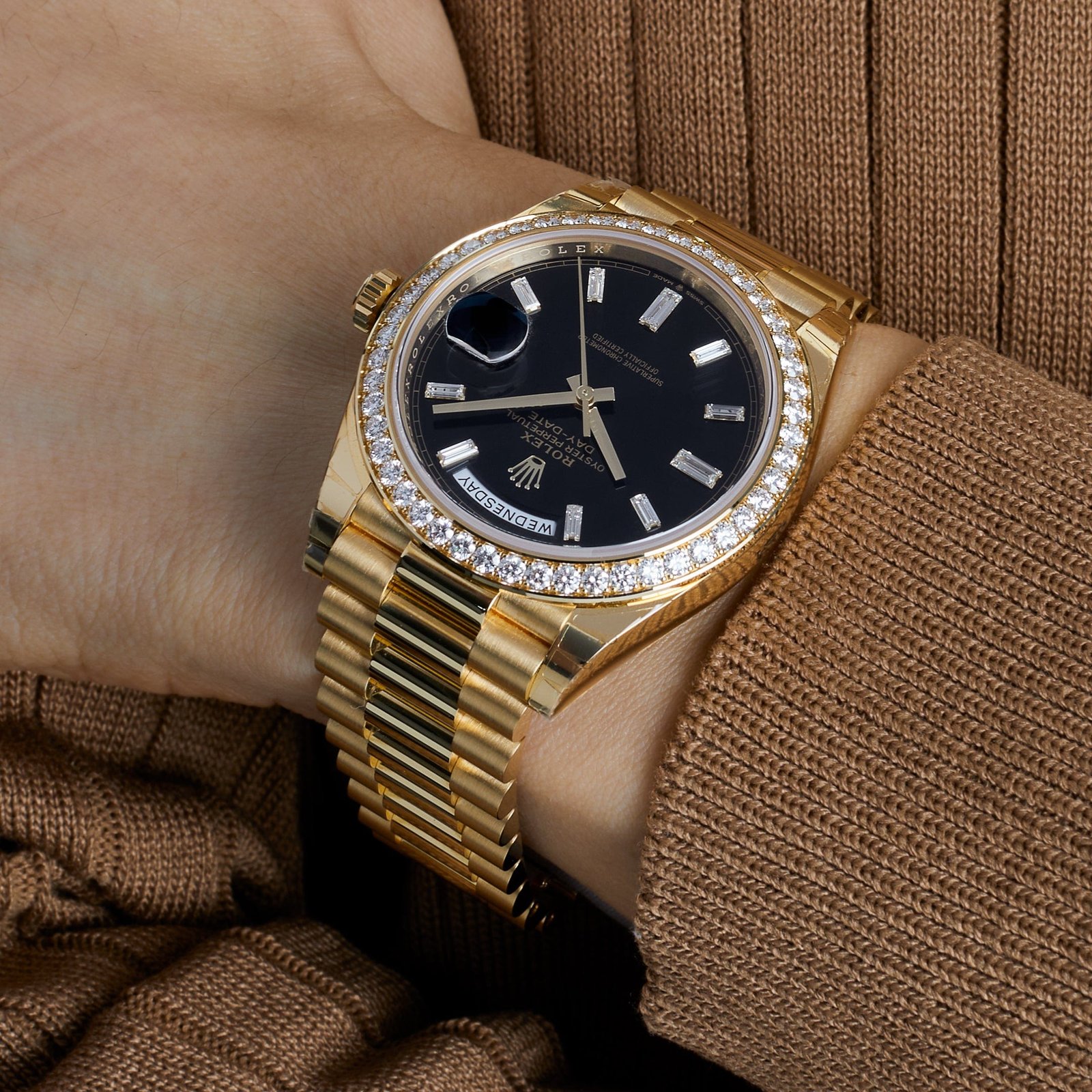 Rolex Day-Date 40 228348RBR Yellow Gold Black Diamond Dial Diamond Bezel