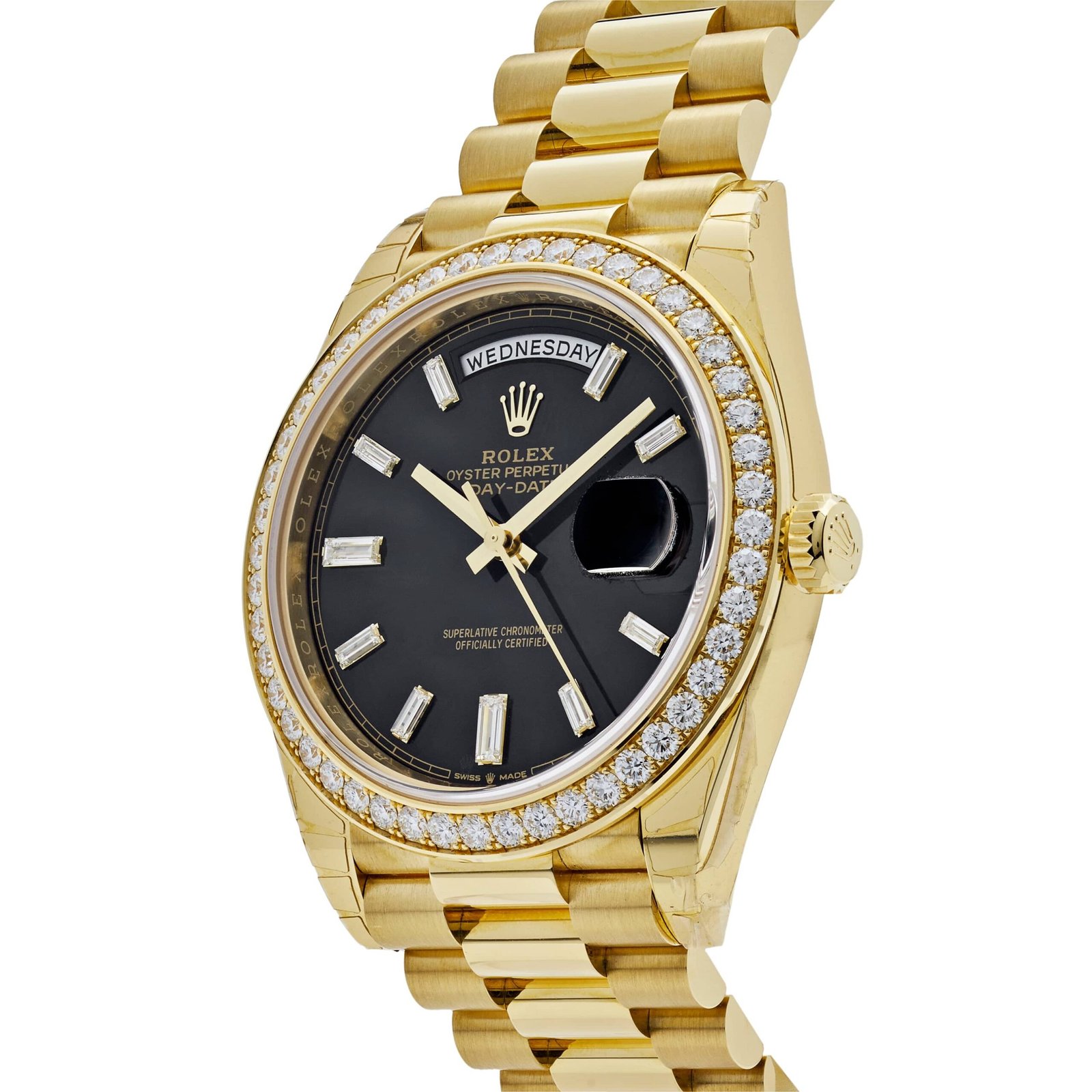 Rolex Day-Date 40 228348RBR Yellow Gold Black Diamond Dial Diamond Bezel
