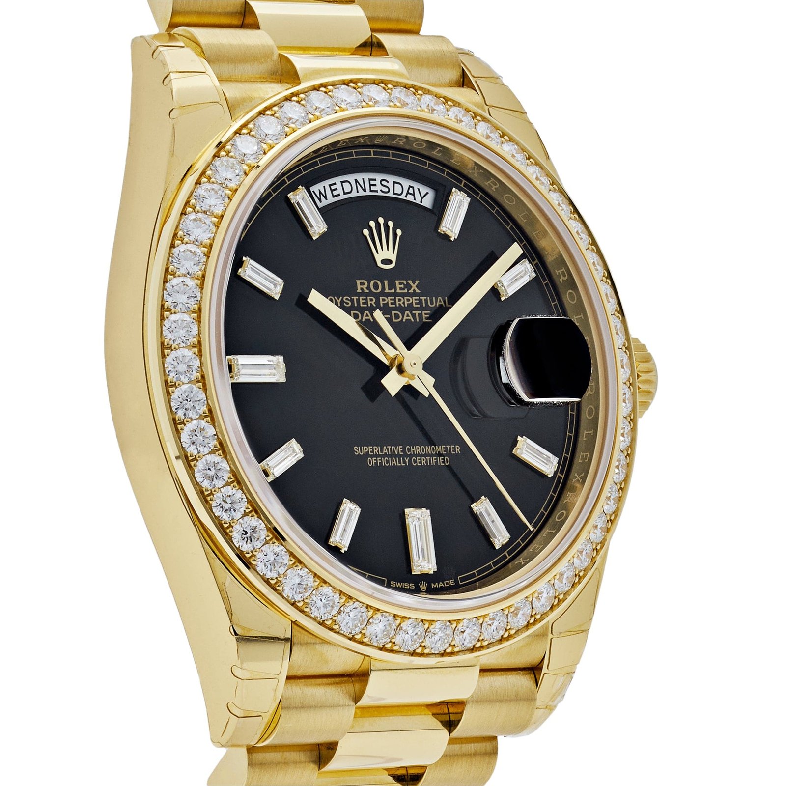Rolex Day-Date 40 228348RBR Yellow Gold Black Diamond Dial Diamond Bezel