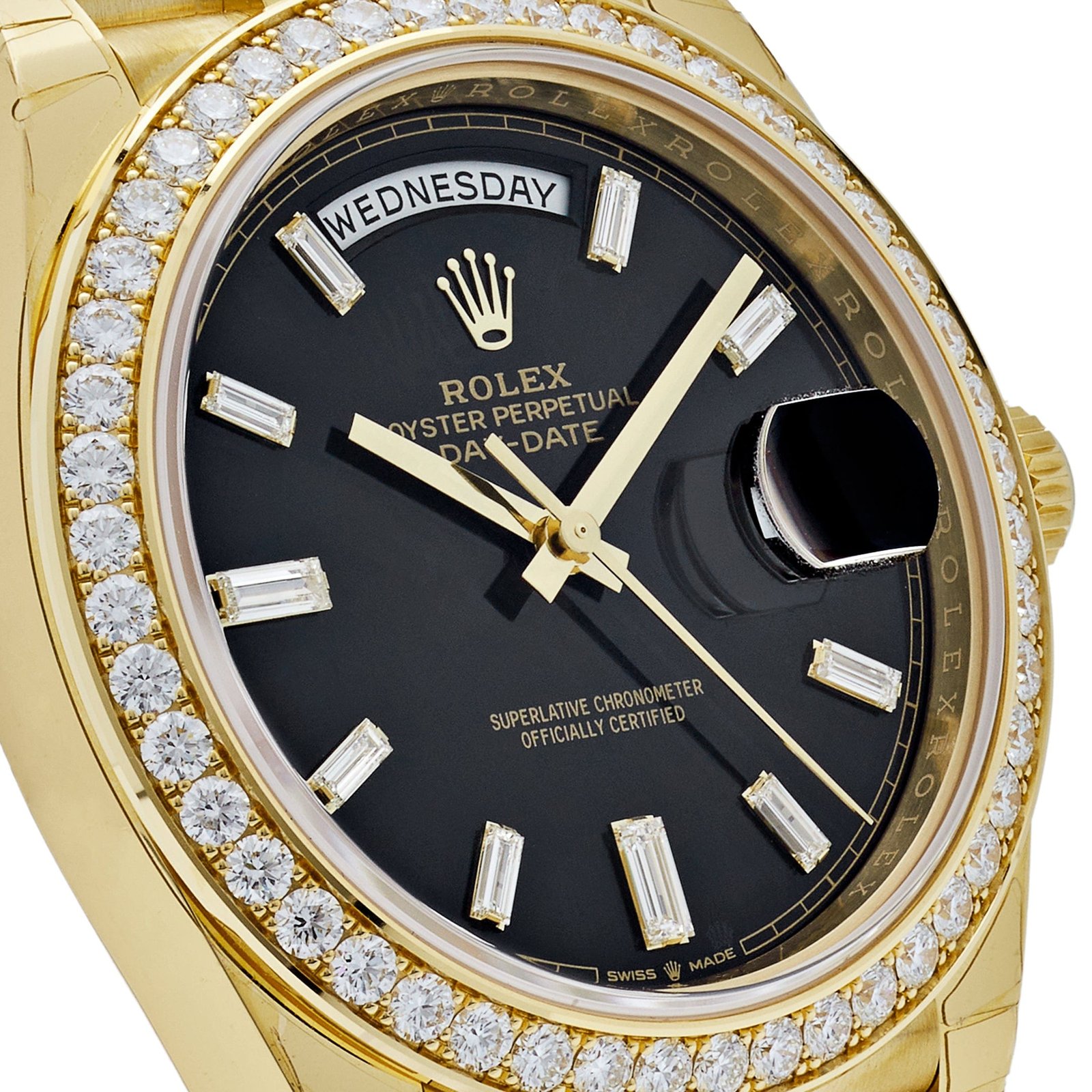 Rolex Day-Date 40 228348RBR Yellow Gold Black Diamond Dial Diamond Bezel